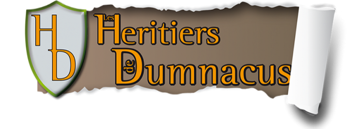 Logo des Héritiers de Dumnacus : un bouclier gris avec contour vert et un monogramme 'HD' en orange
