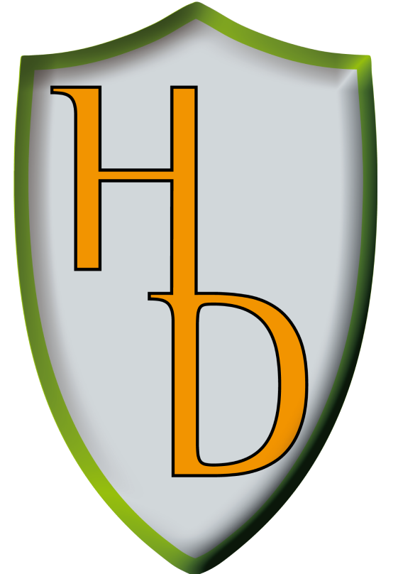 Logo des Héritiers de Dumnacus : un bouclier gris avec contour vert et un monogramme 'HD' en orange
